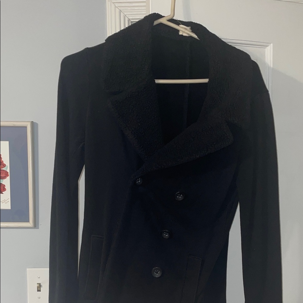 Banana Republic Black Double-Breasted Pea Coat with Sherpa Collar